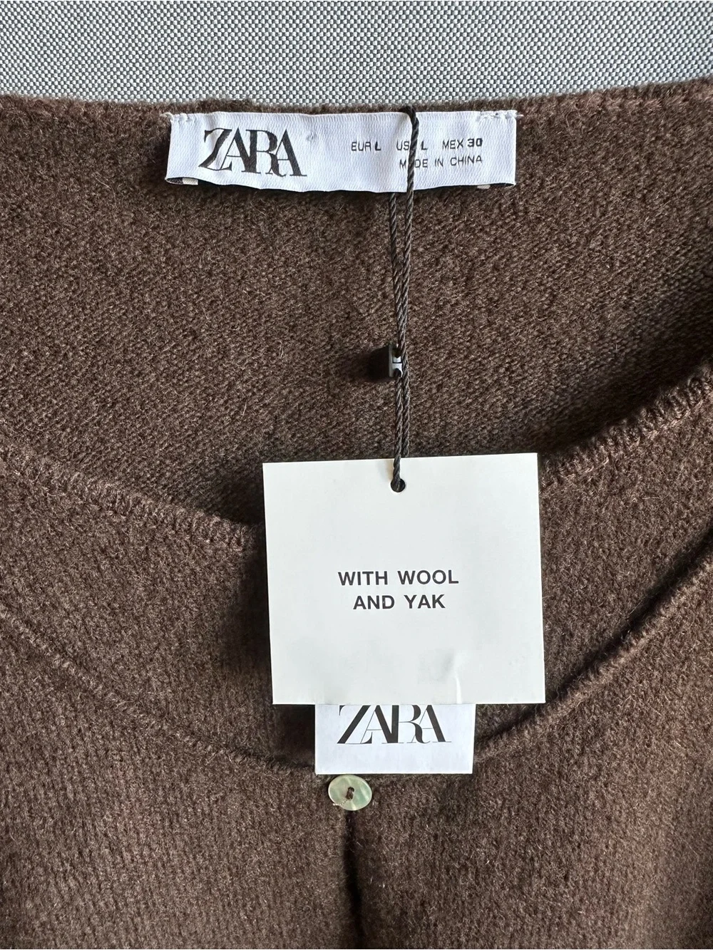 Zara NWT Wool Yak Blend Cropped Cardigan Size L Brown Thumbhole Sleeve